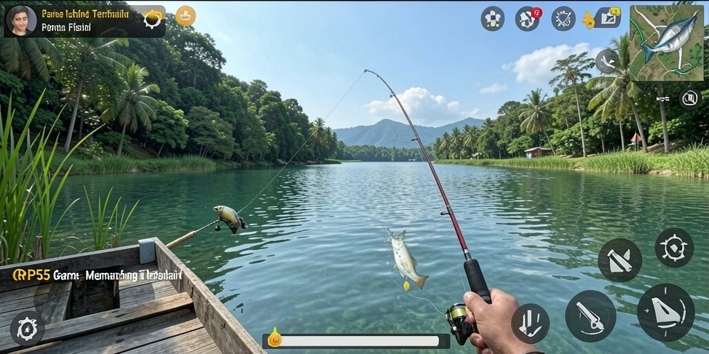 Tampilan gameplay RP55 dengan aksi memancing seru.
