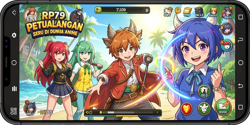 Screenshot utama RP79 menampilkan aksi seru dalam dunia Anime.
