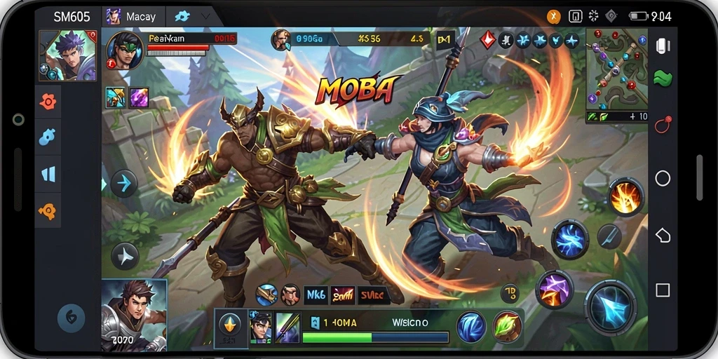 Screenshot SM605 menunjukkan aksi seru gameplay MOBA yang dinamis.